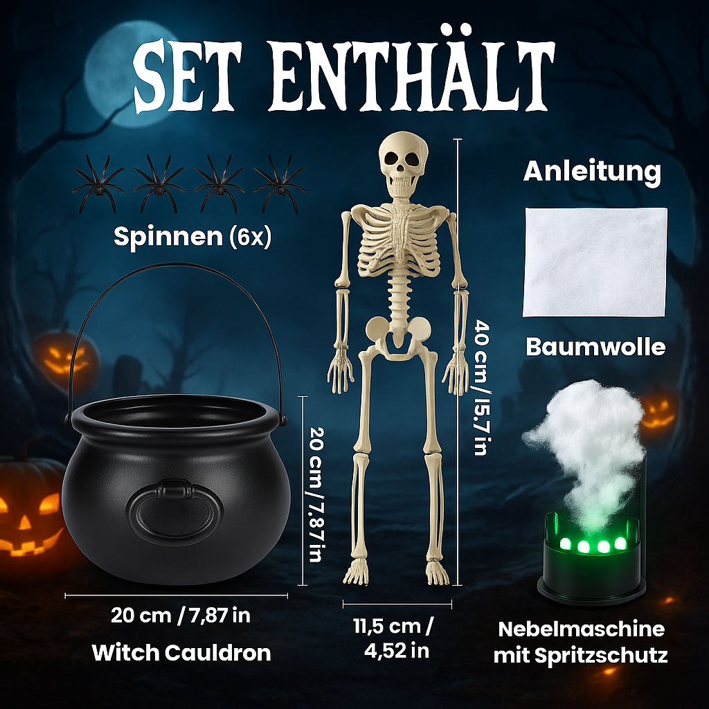Magischer Halloween Hexenkessel mit Rauch & Skelett Deko-Set