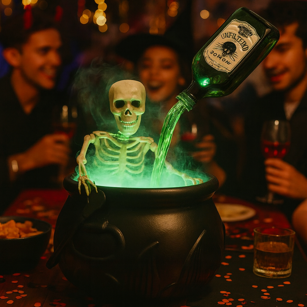 Magischer Halloween Hexenkessel mit Rauch & Skelett Deko-Set