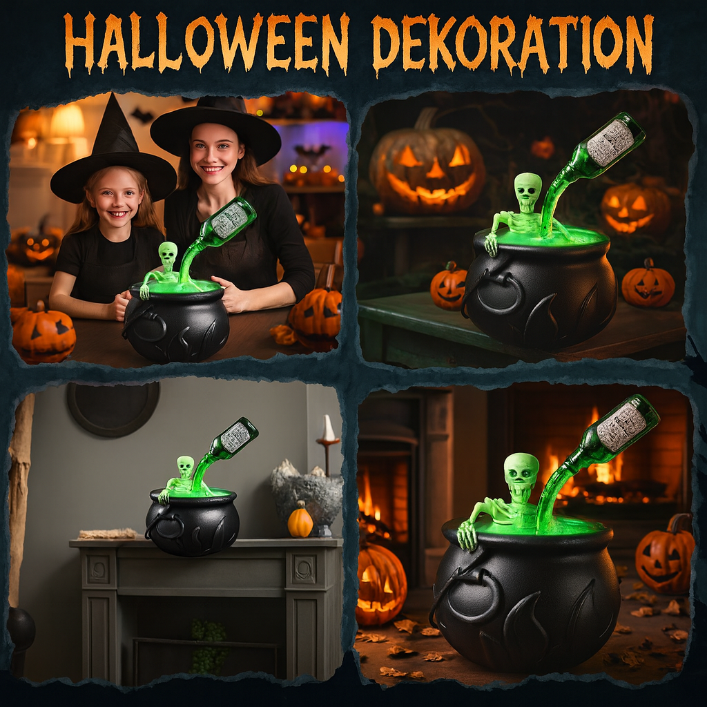 Magischer Halloween Hexenkessel mit Rauch & Skelett Deko-Set