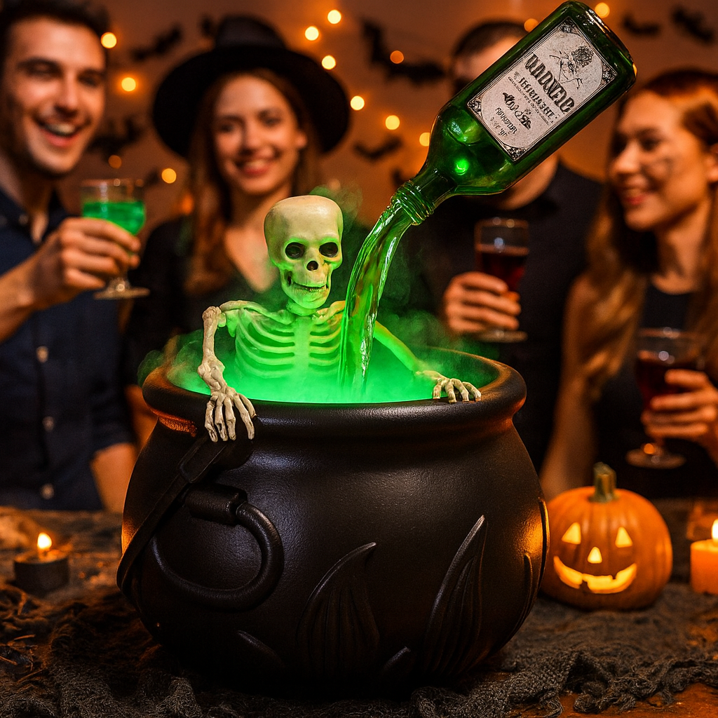 Magischer Halloween Hexenkessel mit Rauch & Skelett Deko-Set