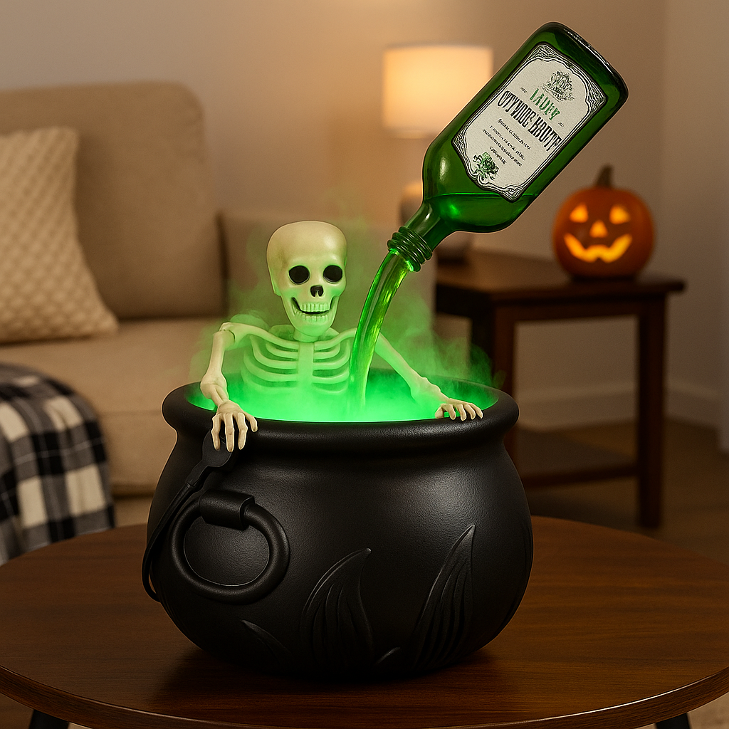 Magischer Halloween Hexenkessel mit Rauch & Skelett Deko-Set