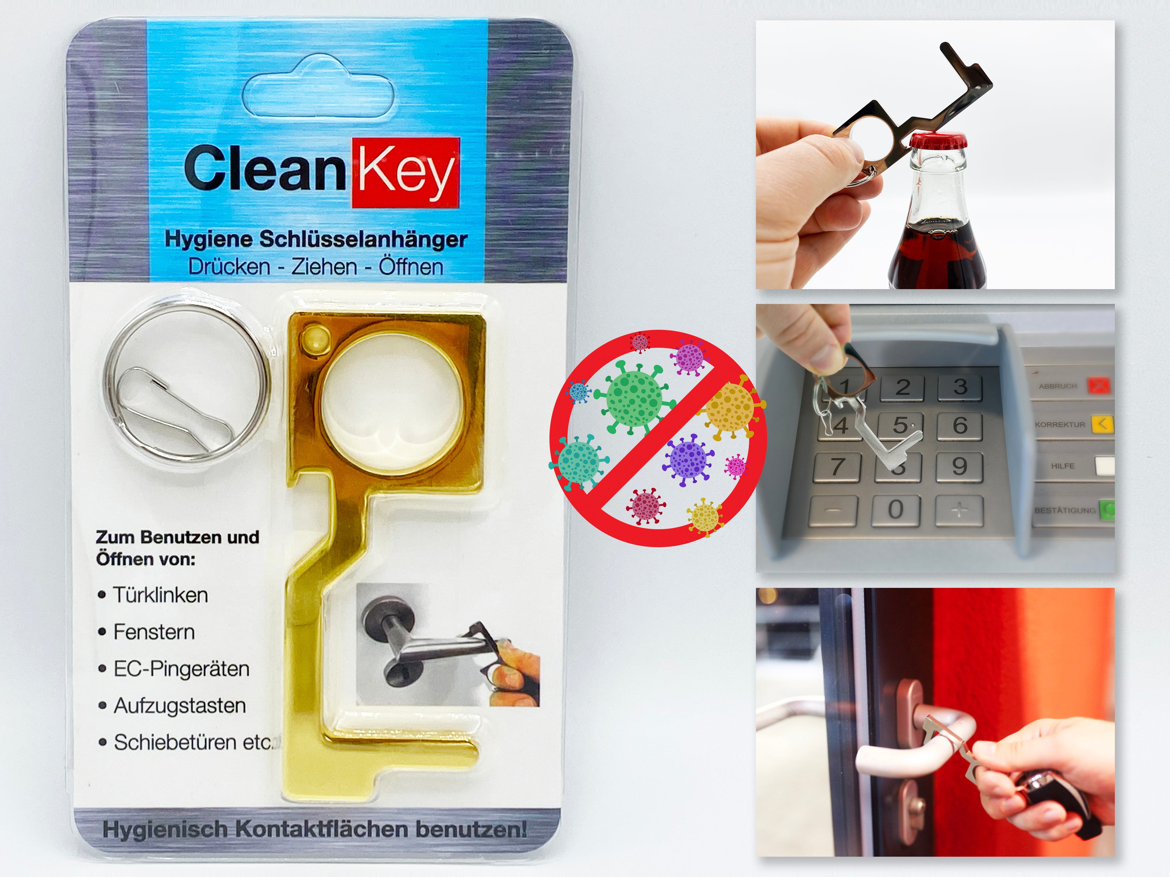 Clean Key Hygienehaken mit Flaschenöffner - Öffnen, Ziehen, Schieben & Drücken