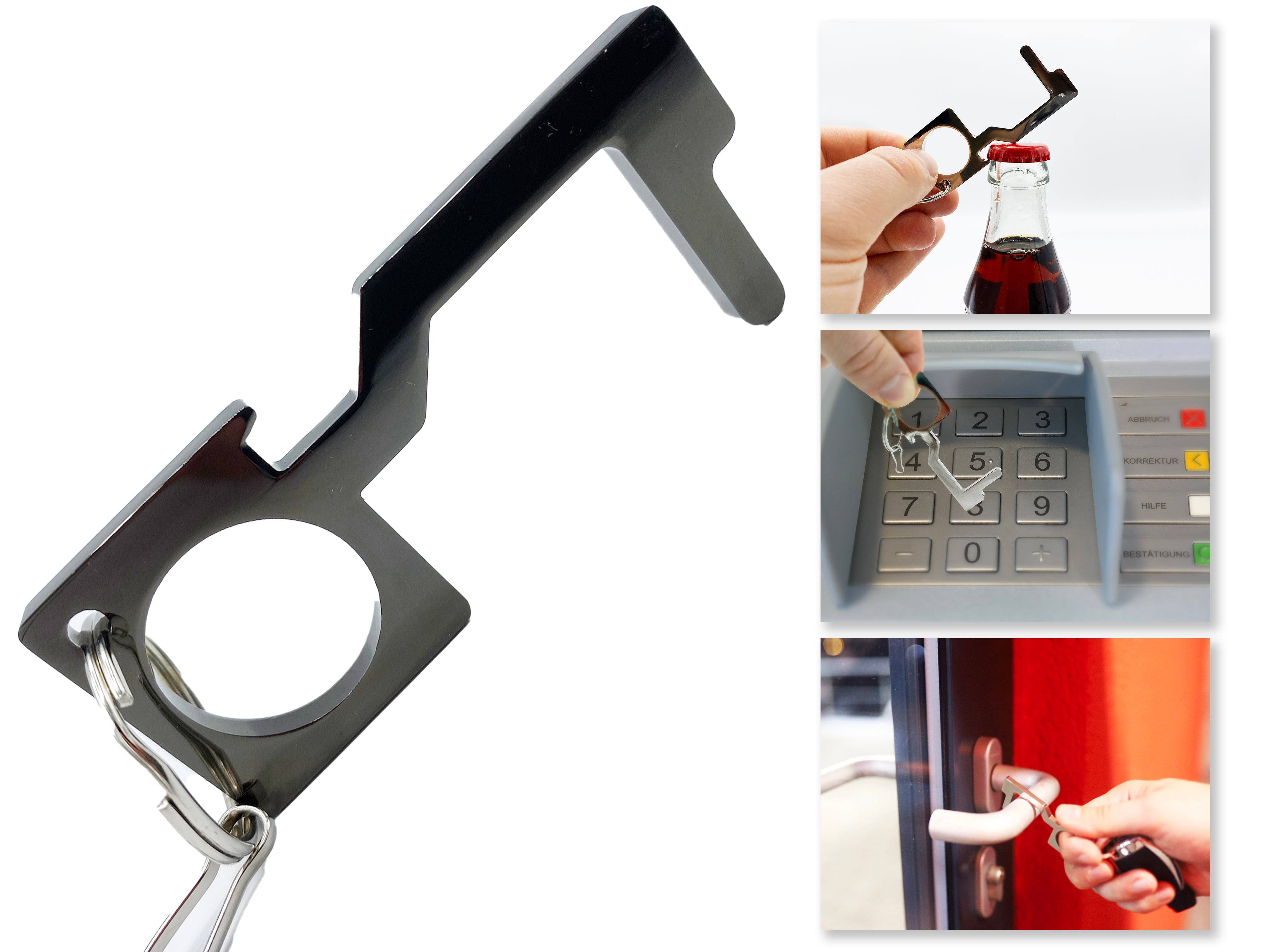 Clean Key Hygienehaken mit Flaschenöffner - Öffnen, Ziehen, Schieben & Drücken